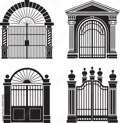 Four stylized wrought iron gates and architectural entrance designs featuring arches columns and elaborate vertical bars