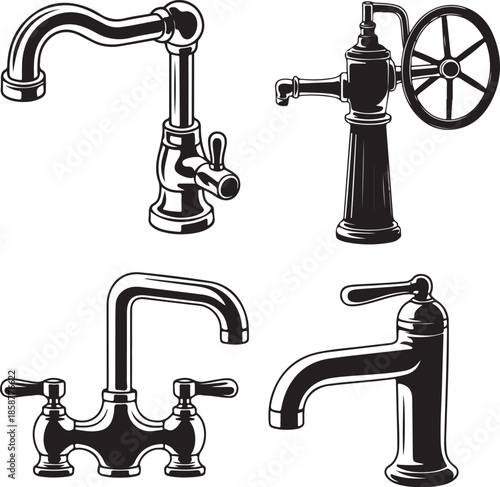 Set of various vintage water taps. antique plumbing fixture for home. classic faucet. old fashion bathroom kitchen