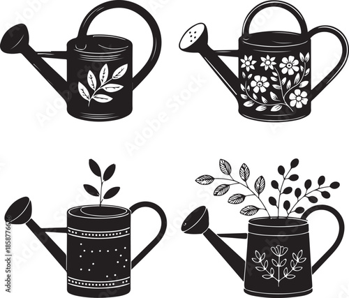 Set of various watering cans for garden. household tool for plant care. gardening equipment. spring summer season