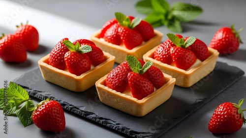Delicious strawberry tartlets on a slate plate with fresh strawberries and mint