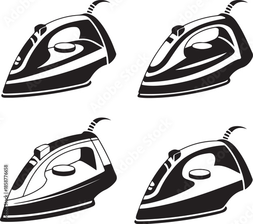 Set of four black silhouette irons on checkered background, illustration for household appliances and laundry services.