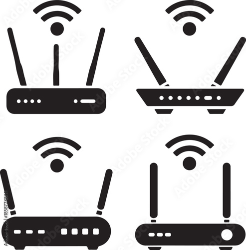 Set of four black silhouette icons representing modern wireless internet routers transmitting signals through antennas on transparent background