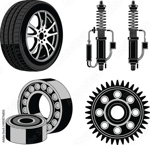 Assortment of four car spare parts including tire wheel shock absorbers and bearing gear mechanism on transparent background