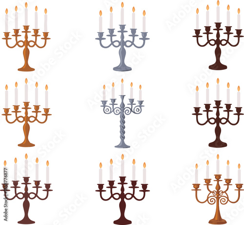 Nine different styles of ornate multi armed candelabras holding burning white candles arranged in three rows on transparent background