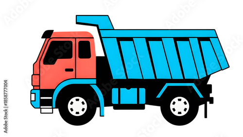 Clean flat vector illustration of a construction dump truck and tailer