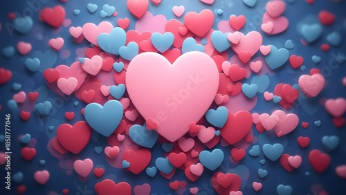 A large pink heart surrounded by numerous smaller pink and blue hearts on a dark blue background