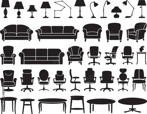 Silhouette furniture collection including different lamps sofas armchairs office chairs and tables black shapes on background