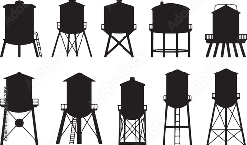 Collection of various water tower silhouettes different shapes and supports black outlines on a transparent background