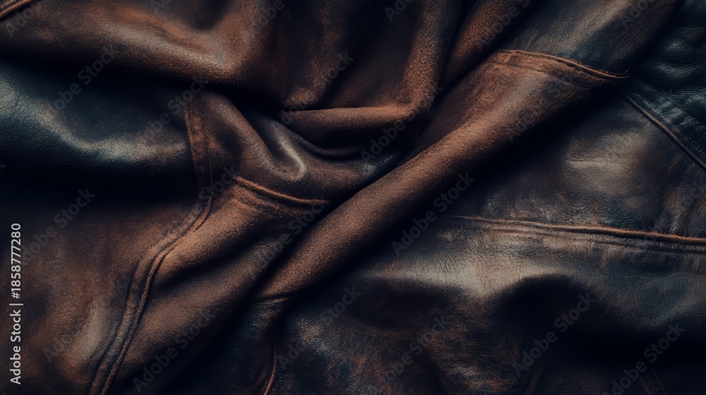 Fototapeta premium Distressed Vintage Leather Texture with Dark Brown Wrinkled Cloth and Rustic Faded Surface Details