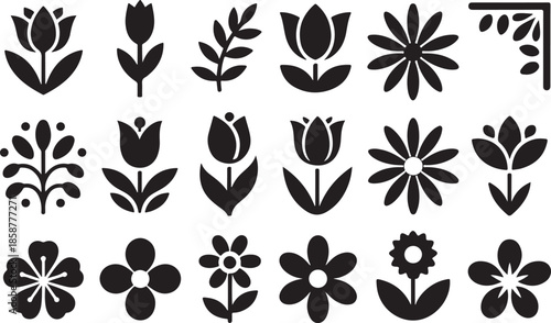 Set of decorative black flower icons and silhouettes including various blooming plants leaves and a corner element on transparent background