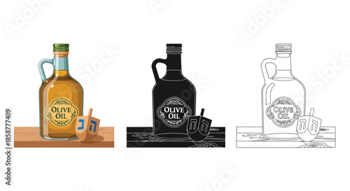 Three depictions of olive oil bottles with traditional hanukkah menorahs