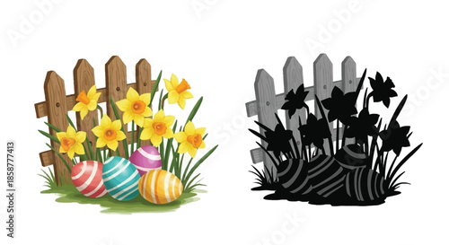 Colorful easter eggs daffodils and a picket fence in color and silhouette