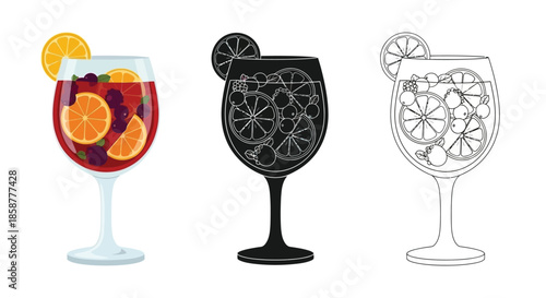 Colorful sangria drinks in various styles color silhouette and outline
