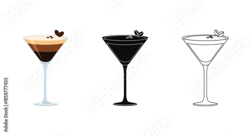 Three elegant martini glasses in varying styles and colors isolated on white