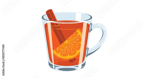 A glass of warm beverage with an orange slice and cinnamon stick