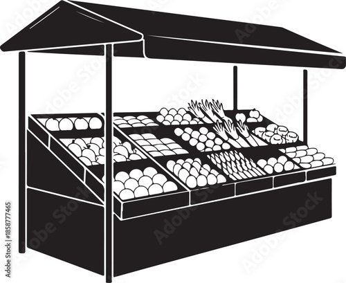 Farmer market stall silhouette with various fruits and vegetables produce display vector graphic