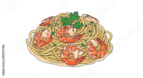 Delicious pasta dish with shrimp herbs and a savory presentation