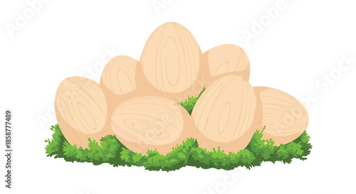 A collection of wooden eggs nestled in a bed of vibrant green moss