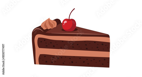 A delicious slice of chocolate cake with cherry and whipped cream topping