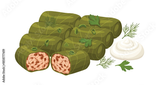 Delicious stuffed grape leaves with a side of creamy yogurt sauce