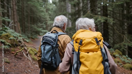 Wallpaper Mural A couple of older people are hiking in the woods, with one of them wearing a yellow backpack Torontodigital.ca