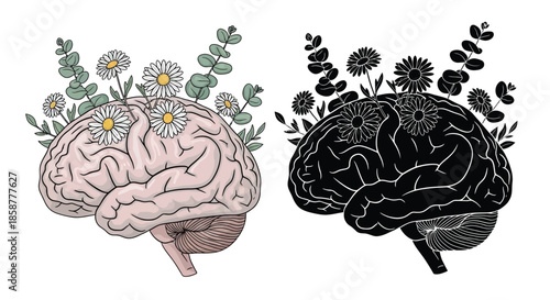 Brain growth concept with flowers and foliage colorful and monochrome versions