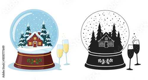 Festive snow globes with winter scenes and champagne glasses for celebration