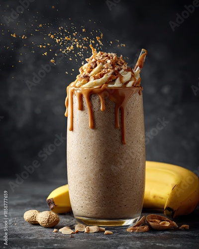 Banana Peanut Butter Protein Smoothie in Glass, High Protein Healthy Drink with Nuts and Caramel Drizzle, Fitness Nutrition and Muscle Building Concept