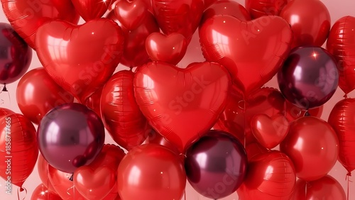 A cluster of shiny red heart shaped balloons on a pink background