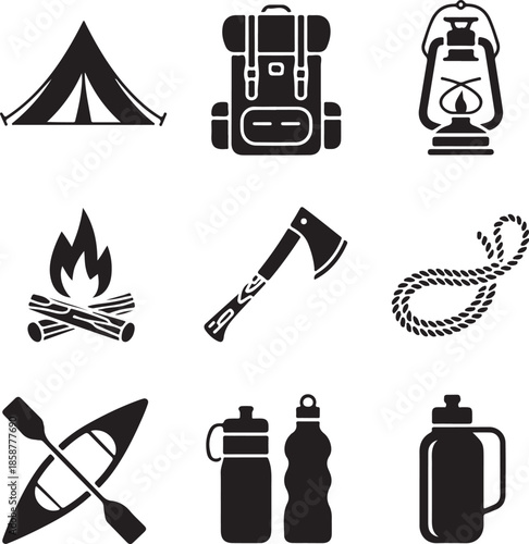 Outdoor camping and adventure gear set with tent backpack lantern bonfire axe rope kayak and water bottles for nature trekking