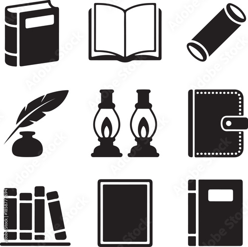 Vintage library and literature icons set with antique books inkwell quill pen oil lamps and journals for writers and historians