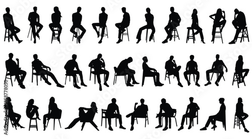 Collection of various black silhouette people sitting on chairs and stools.