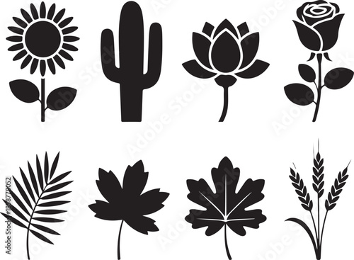 Assorted plant and flower silhouettes collection featuring sunflower cactus lotus rose maple leaf and wheat stalks set vector