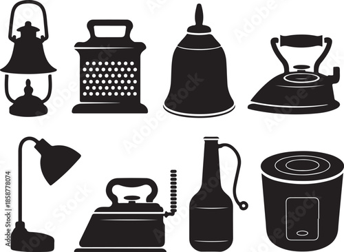 Vintage household appliance silhouettes set including iron lantern lamp kettle and kitchen tools isolated on grid background vector
