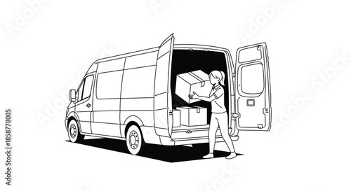A person unloading boxes from the back of a delivery van sketch style