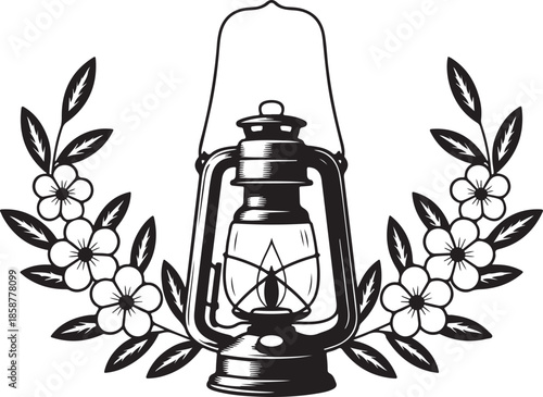 Detailed vintage oil lantern illustration surrounded by decorative floral wreath and leaves for rustic camping aesthetic vector