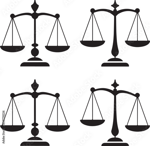 Justice scale silhouettes set symbolizing law order and legal equality for lawyer firms and judicial system graphic resources