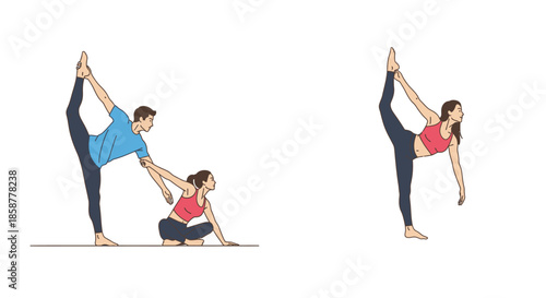 Two people demonstrating a challenging yoga pose assisted stretch flexibility training