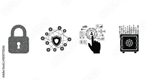 Security icons depicting padlock network fingerprint scan and safe protection