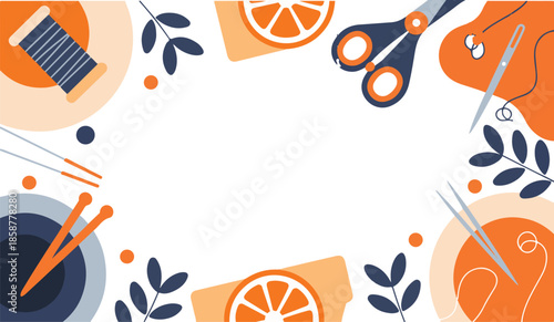 Crafting and sewing workspace background with scissors thread spool needle and citrus slices for creative hobby project concept