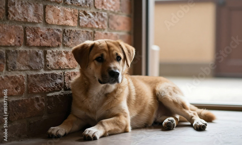young dog lies comfortably worn brick wall backlit soft natural light capturing sense quiet domesticity inviting