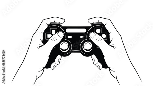 A black-and-white outline illustration shows two hands holding a game controller, positioned for play
