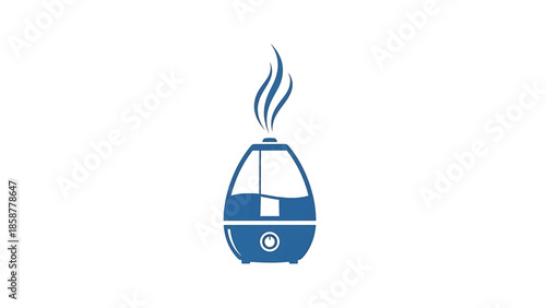 A blue graphic icon of a humidifier emitting steam, depicted against a plain white background