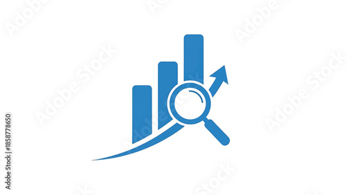 A blue graphic symbolizing data analysis, growth, and search, with a bar chart, arrow, and magnifying glass