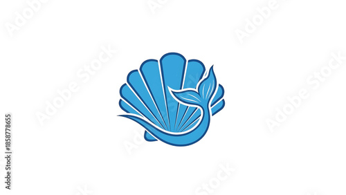 A blue mermaid tail gracefully emerges from behind a matching stylized seashell on a white background