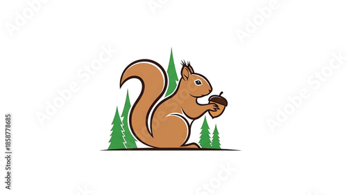 A cartoon brown squirrel holding an acorn, with green pine trees in the background on white
