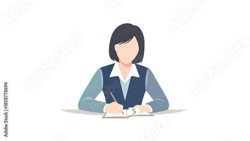 A cartoon businesswoman sits at a table, writing in a notebook, with a dollar sign card in hand