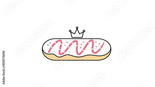 A cartoon eclair or pastry with pink wavy icing and white sprinkles, topped with a black outline crown