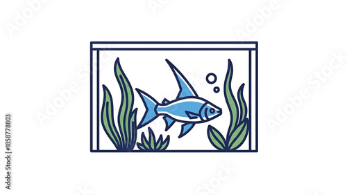 A cartoon-style blue fish swims in a rectangular aquarium, surrounded by green aquatic plants and bubbles