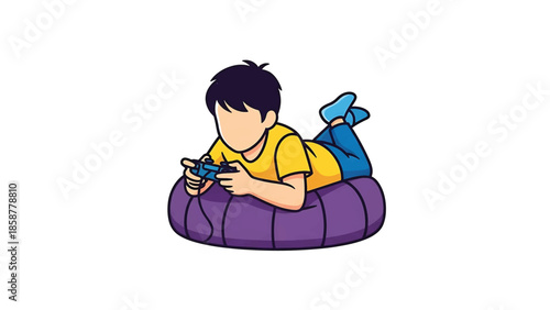 A casual illustration of a young person lying on a purple beanbag, playing a video game with a controller